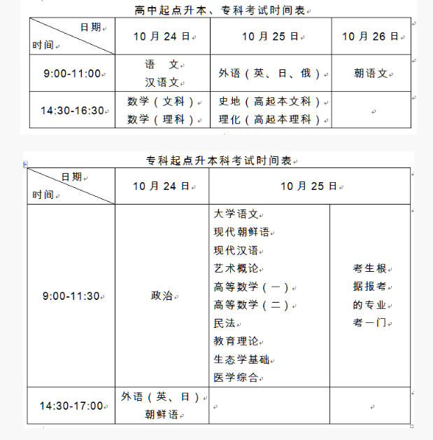 2020吉林成人高考专升本考试时间安排表