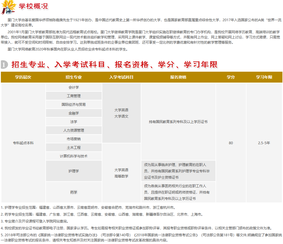 厦门大学网络教育2020年秋季招生简章