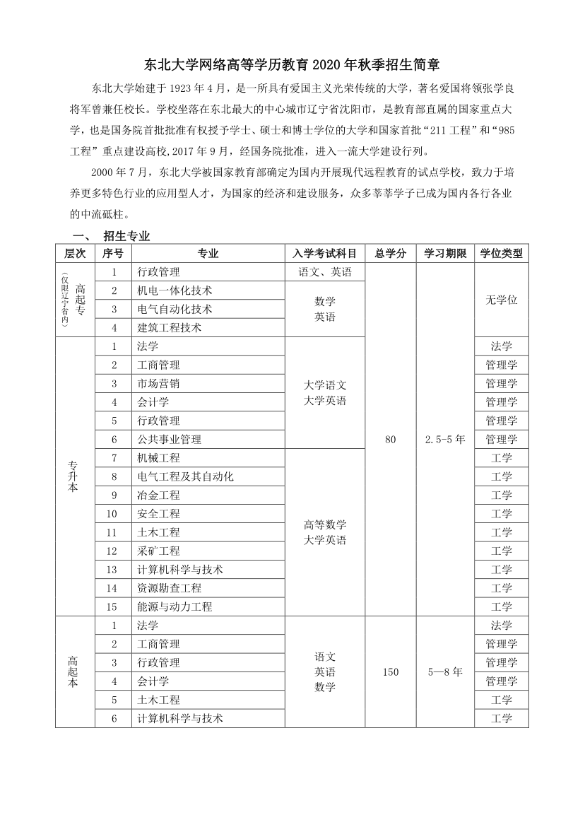 东北大学网教2020年秋季招生简章