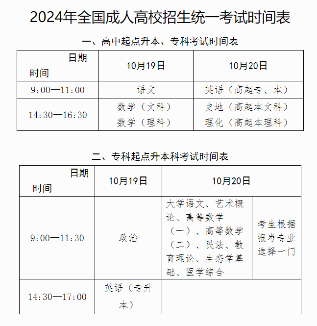 2024年成人高考全国统一考试时间安排表