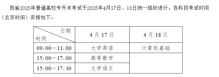 2025四川专升本考试具体时间及科目安排表