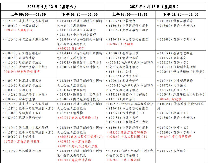 2025年上海4月自考考试时间及科目安排表