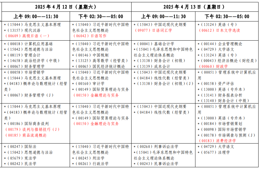 2025年上海4月自考考试时间及科目安排表