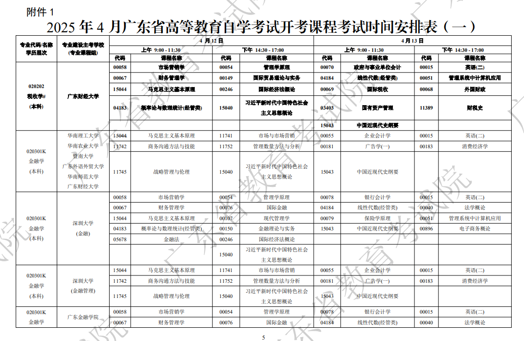 ‌2025年广东4月自考考试时间及科目安排.png